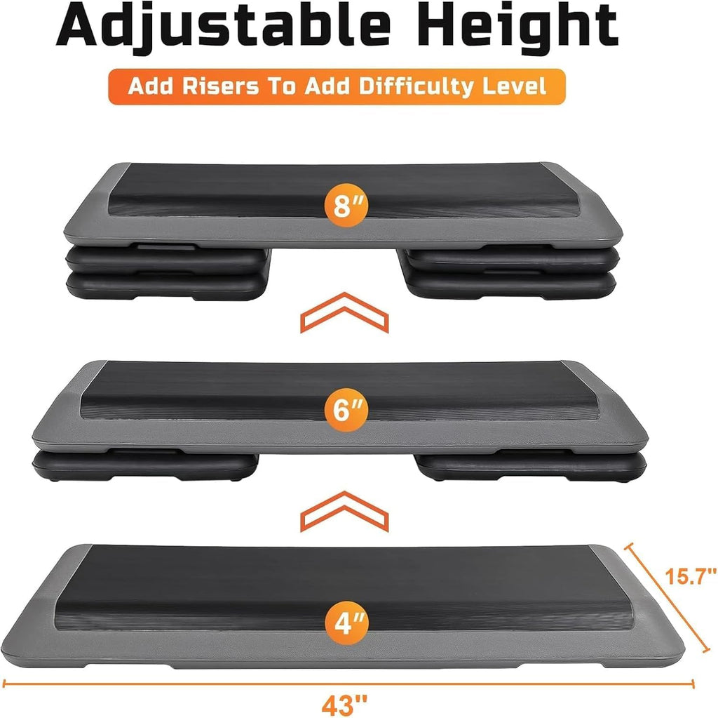 Adjustable height step platform with dimensions and difficulty level instructions on a white background