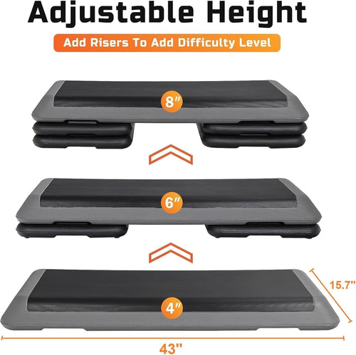 Adjustable height step platform with dimensions and difficulty level instructions on a white background