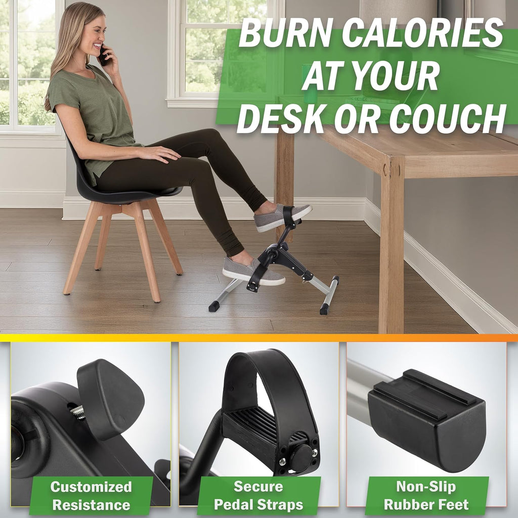 Woman using a desk exercise pedal with text promoting calorie burning at home.