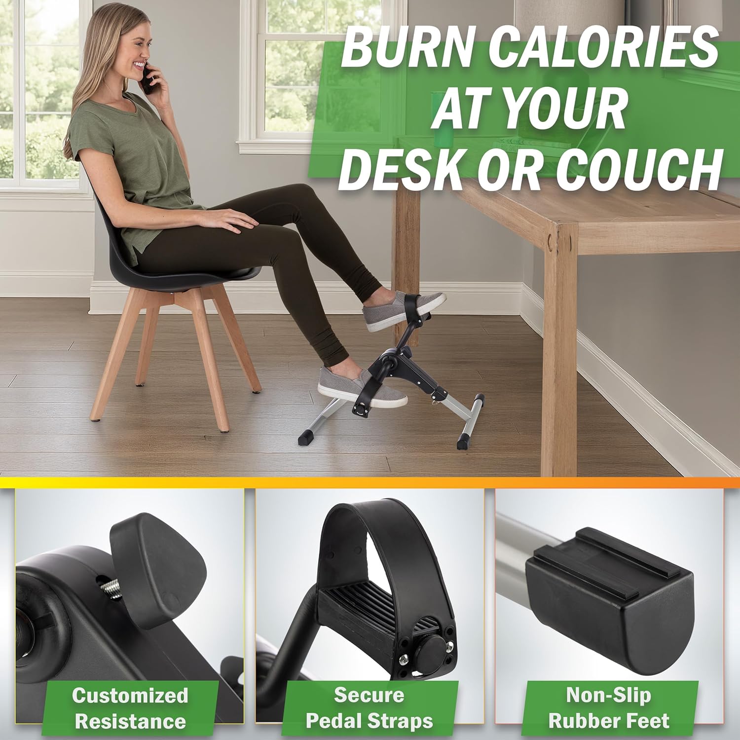 Woman using a desk exercise pedal with text promoting calorie burning at home.
