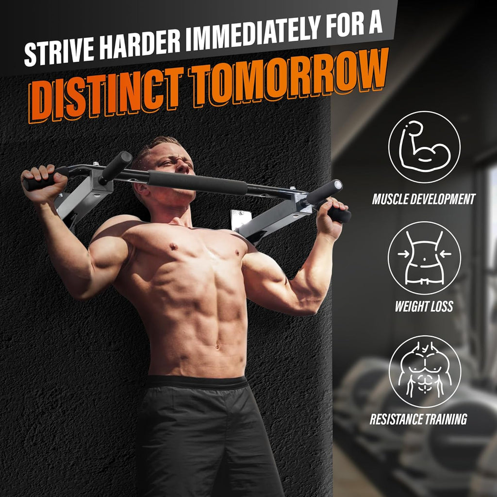 Man exercising on a machine with motivational text and icons about fitness goals.