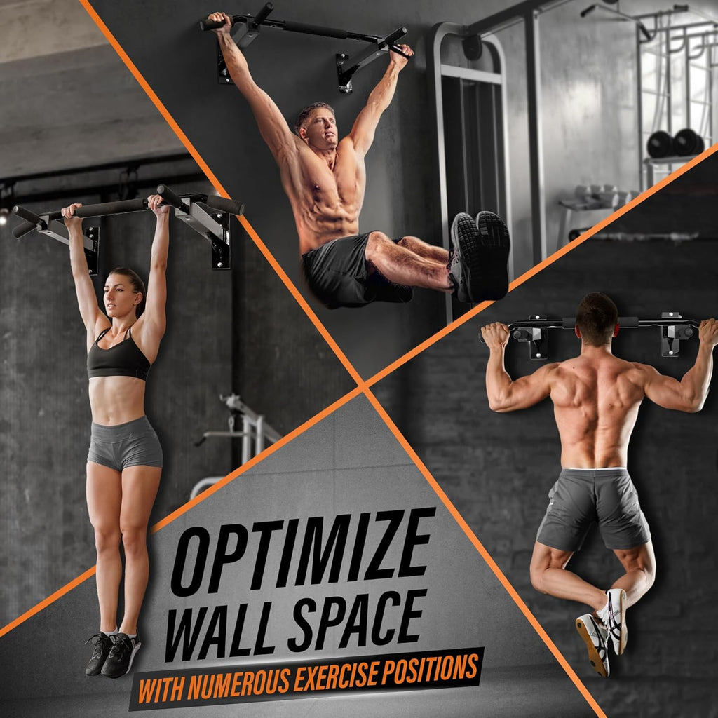 Three people performing pull-ups on a pull-up bar with text 'Optimize Wall Space' in a gym setting.