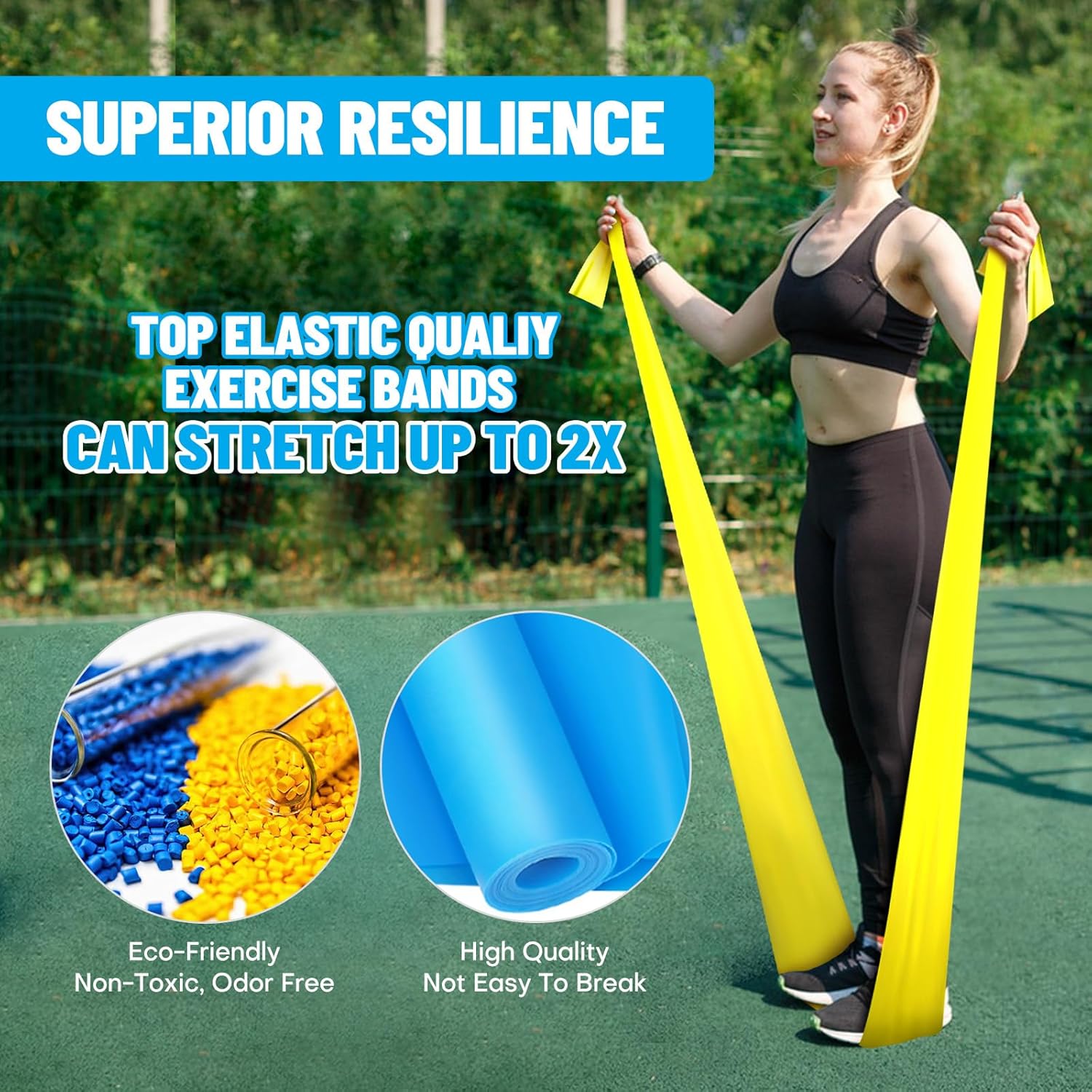 Woman using resistance bands with text highlighting resilience and quality on a green outdoor background