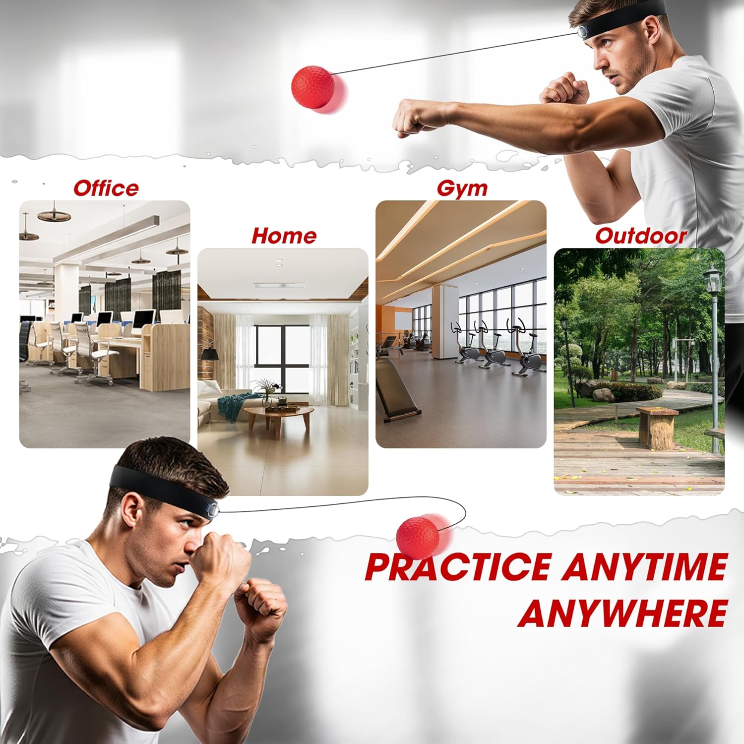 Man practicing boxing with a red ball in various settings including office, home, gym, and outdoor.