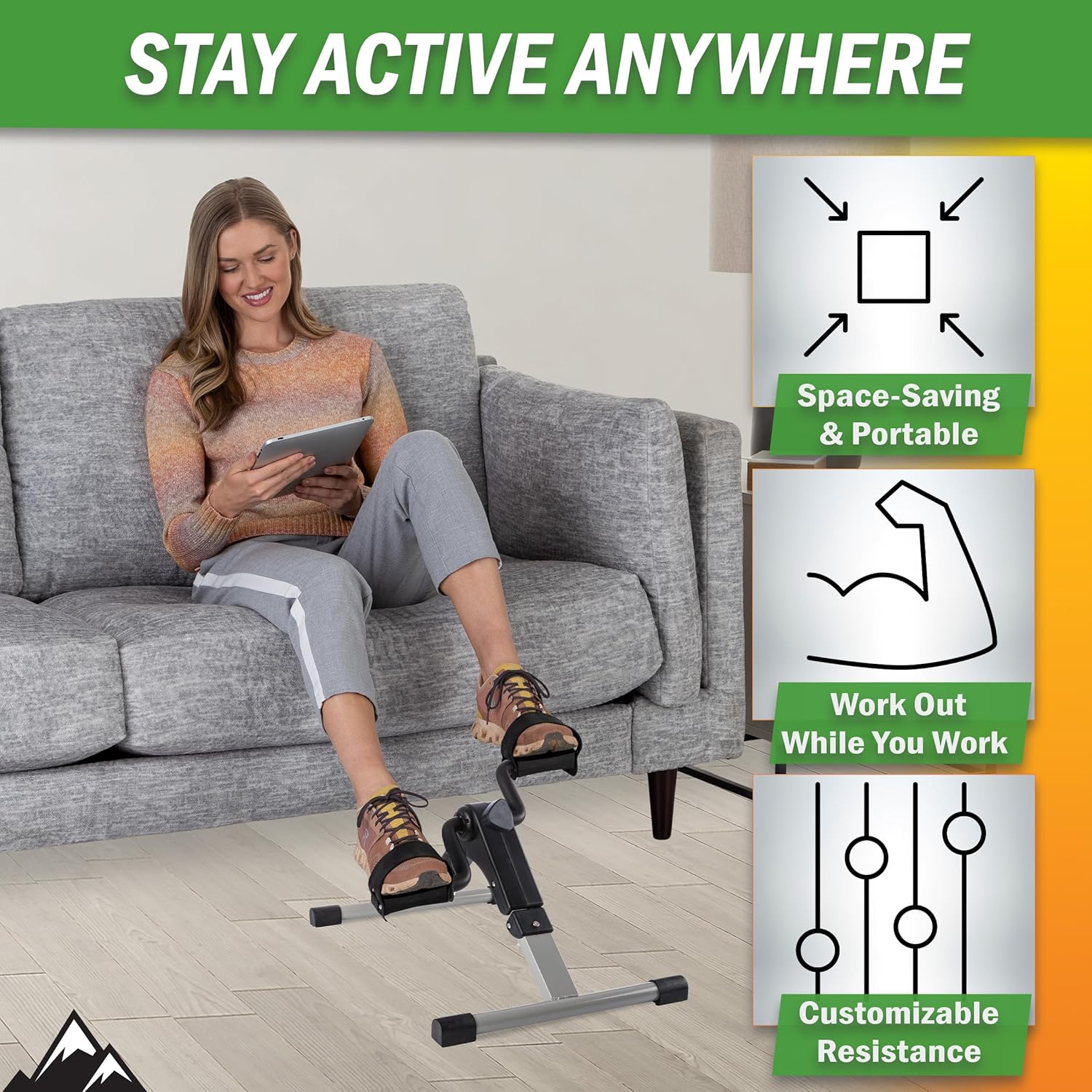 Woman using a portable exercise bike in her living room with text highlighting features.