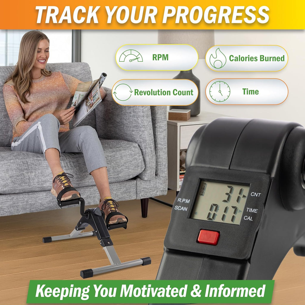 Woman using a home exercise machine with digital display, surrounded by fitness metrics on a yellow banner.