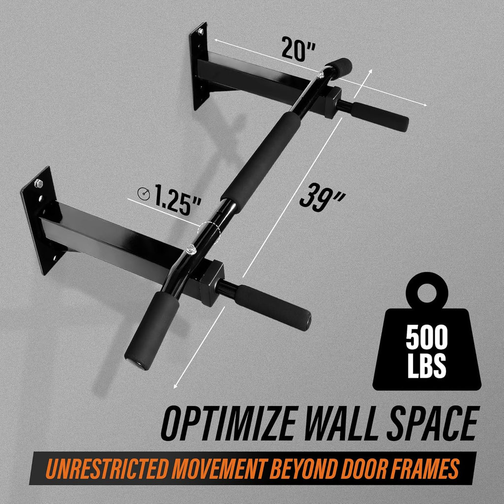 Black wall-mounted pull-up bar with measurements and weight capacity on a gray background