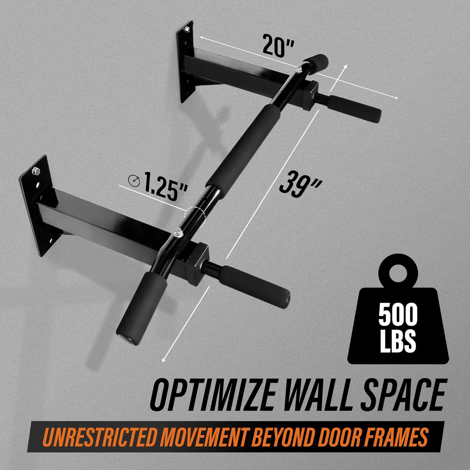 Black wall-mounted pull-up bar with measurements and weight capacity on a gray background
