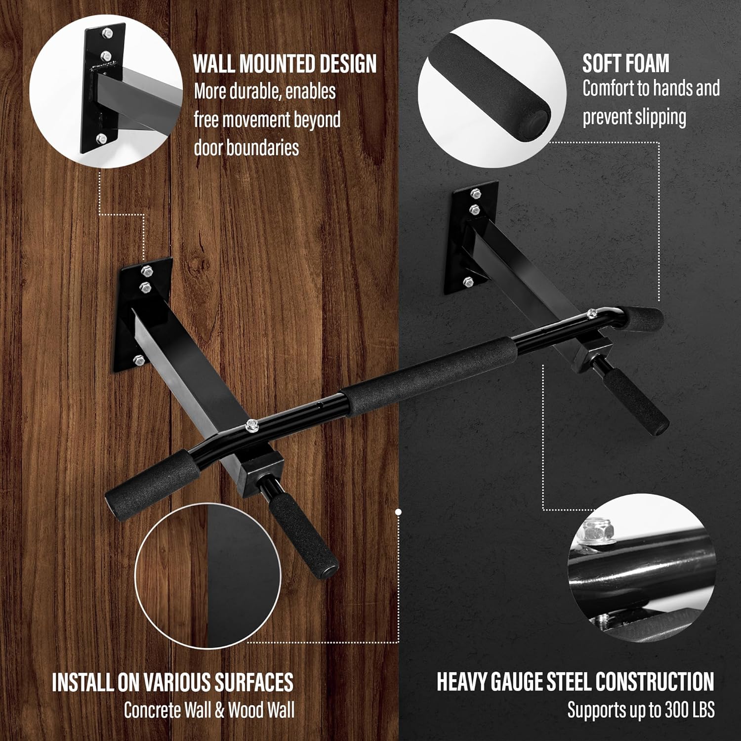 Wall-mounted pull-up bar with features highlighted on a wooden and gray background