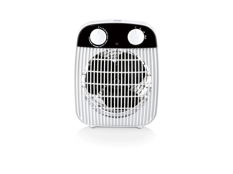 Portable space heater with black grill and control panel on a white background