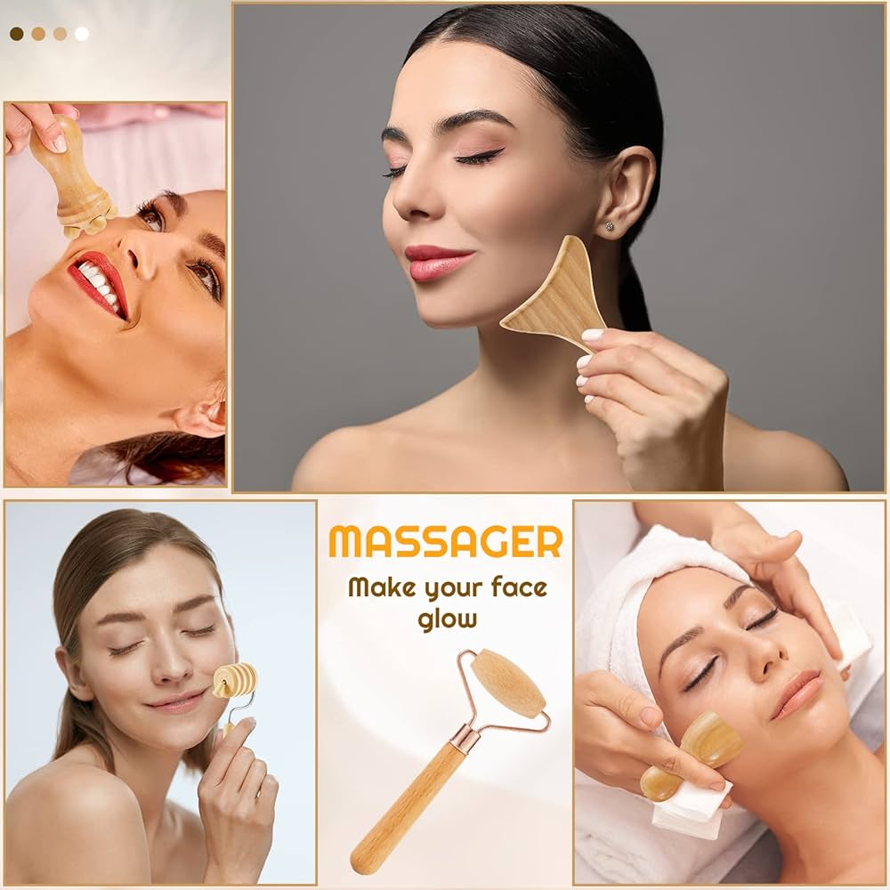 Woman using a facial massager with close-up shots and text 'MASSAGER Make your face glow'.
