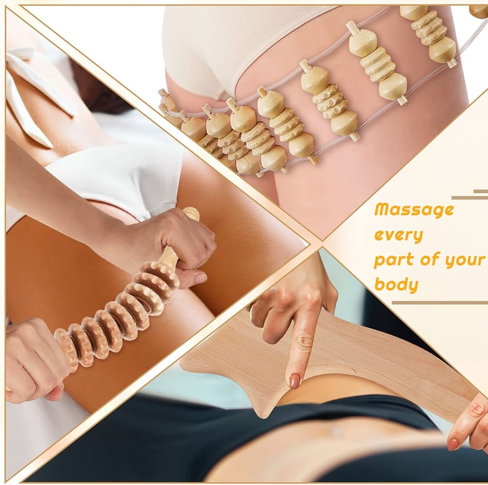 Wooden massage roller being used on a person's body with text 'Massage every part of your body'.