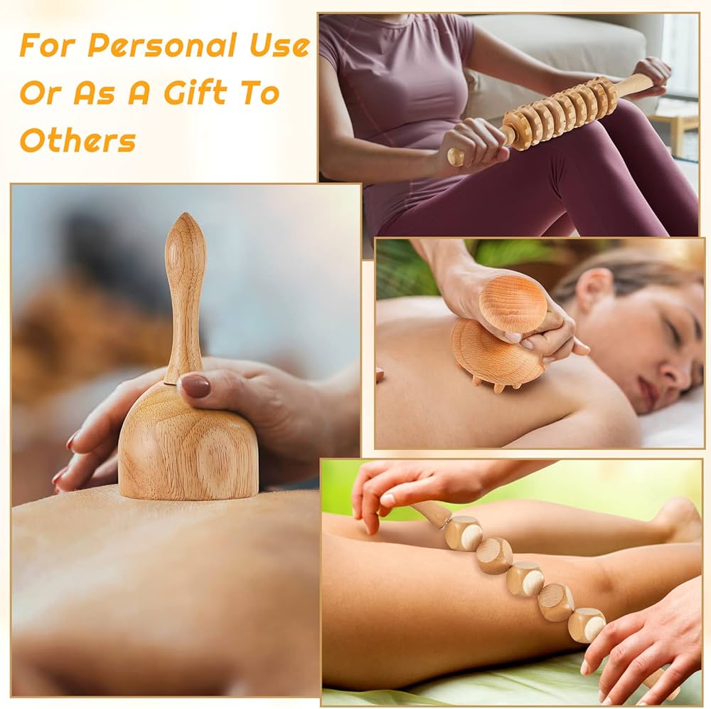 Wooden massage tool being used on a person's leg with text 'For Personal Use Or As A Gift To Others'.
