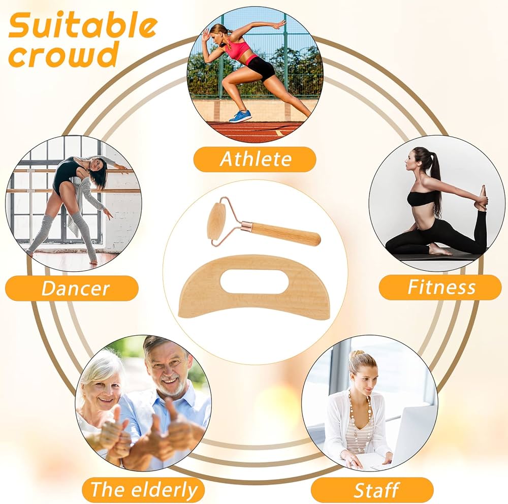 Wooden tool with various user groups labeled as Athlete, Dancer, Fitness, The elderly, and Staff on a gradient background.