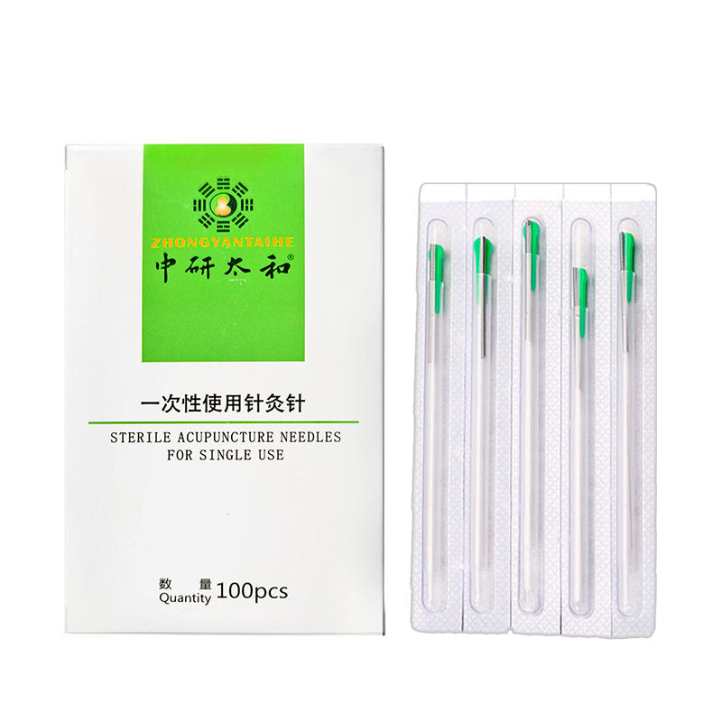 Packaging of sterile acupuncture needles with a green label on a white background