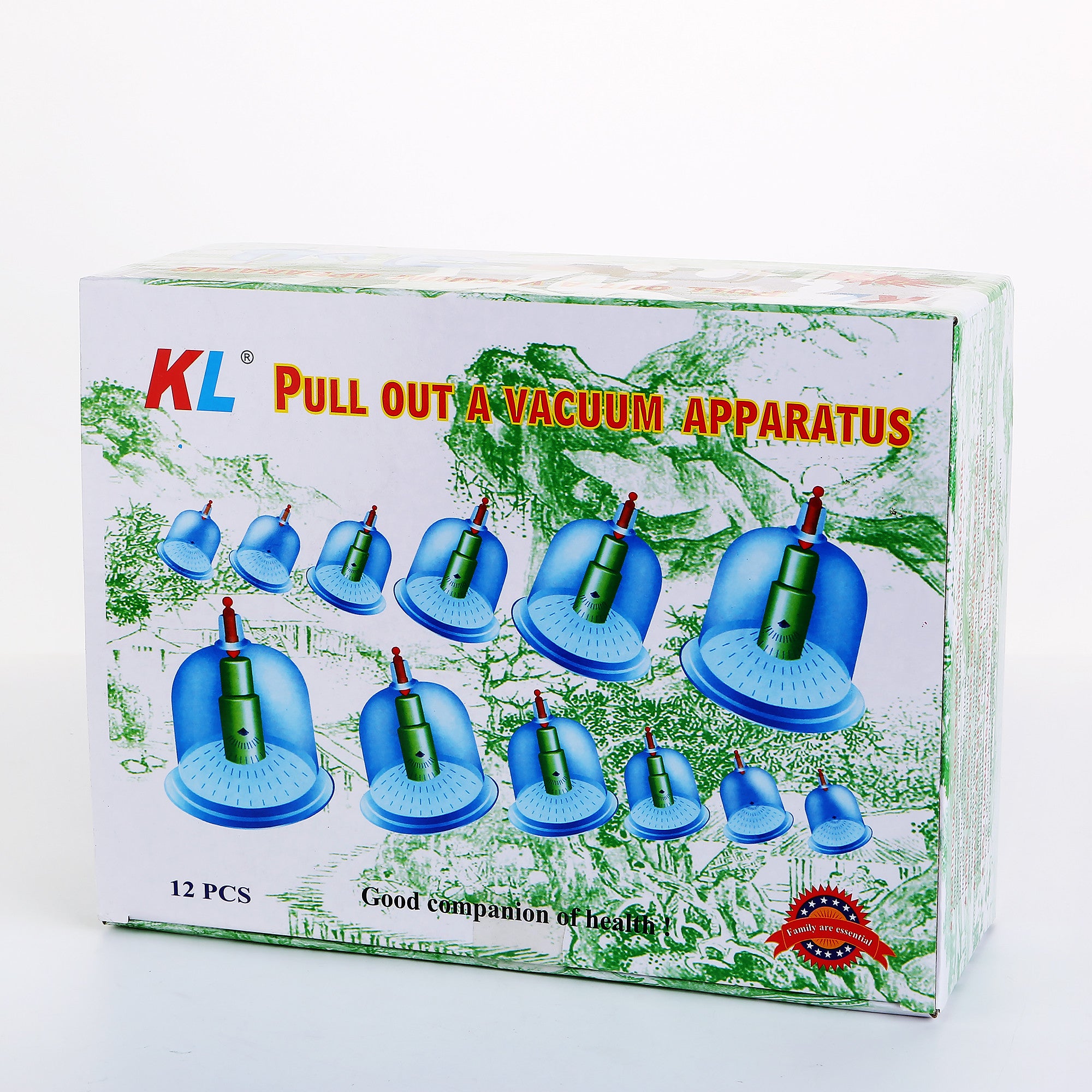Box of KL Pull Out Vacuum Apparatus with blue cups on a white background